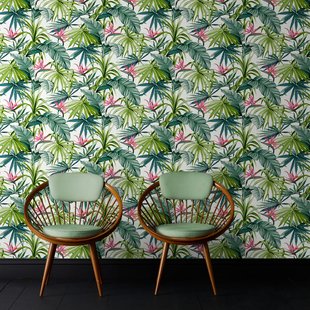 Decomode Vliesbehang Bird Of Paradise Flower - Groen - Roze - Wit - 10,05m X 52cm