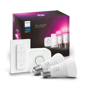 Philips Hue Starterkit Wit En Gekleurd Licht E27 9w 2 Stuks Met Hue Bridge En Hue Dimmer Switch