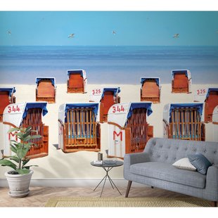 Fotobehang Strandkorven - Blauw - Beige - Bruin - Rood - 2,70m X 159cm