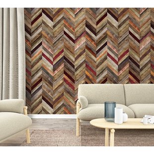 Fotobehang Visgraat Planken - Bruin - Vergrijsd Hout - Rood - Oranje - 2,70m X 159cm