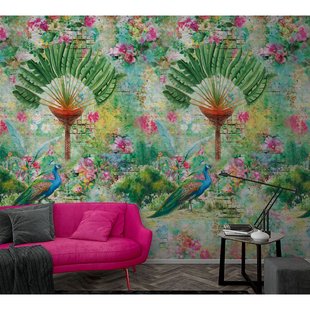 Fotobehang Tropische - Groen - Roze - Blauw - Geel - 2,70m X 159cm