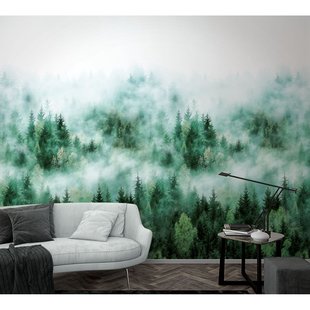 Fotobehang Bos In De Mist - Groen - Wit - 2,70m X 159cm