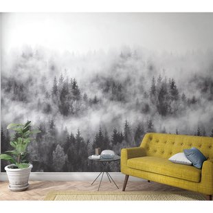 Fotobehang Bos In De Mist - Grijs - Zwart - Wit - 2,70m X 159cm