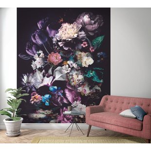 Fotobehang Grote Bloemen - Paars - Roze - Blauw - Groen - Wit - Zwart - 2,70m X 212cm