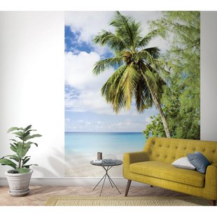 Fotobehang Palmboom Op Strand - Groen - Blauw - Beige - Wit - 2,70m X 212cm