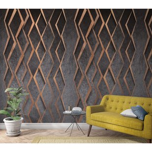 Fotobehang 3d Grafische Ruit - Grijs - Koper - 2,70m X 159cm