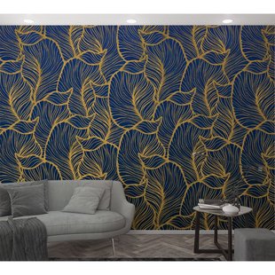Fotobehang Bladeren Art Nouveau Blad - Blauw - Goudgeel - 2,70m X 159cm