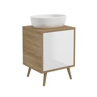 Royo Wastafelonderkast Woody 50cm - Wit En Natuur Eik Glanzend - Met 1 Deur - Met Houten Poten - 50,1x49,7x45cm