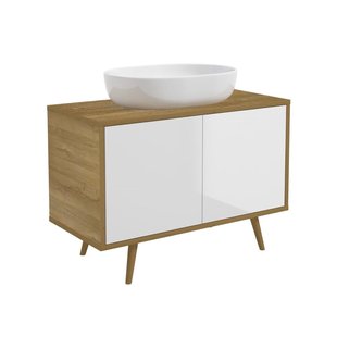 Royo Wastafelonderkast Woody 95cm - Wit/naturel Eik Glanzend - Met 2 Deuren - Met Houten Poten