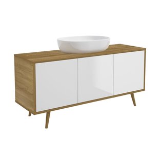 Royo Wastafelonderkast Woody 140cm - Wit / Natuur Eik Glanzend - Met 3 Deuren - Met Houten Poten - 140x56x46cm