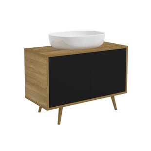 Royo Wastafelonderkast Woody 95cm - Zwart Mat / Natuurlijk Eik - Met 2 Deuren - Met Houten Poten