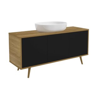 Royo Wastafelonderkast Woody 140cm - Zwart Mat/natuurlijke Eik - Met 3 Deuren - Met Houten Poten