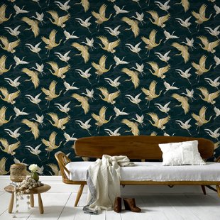 Vliesbehang Kranen - Petrol - Goud - 10,05m X 52cm