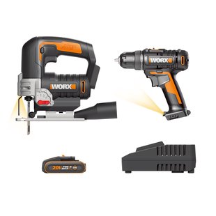 Worx Set Wx100 Draadloze Boormachine-schroevendraaier 20v Wx543 + Draadloze Decoupeerzaag 20v Wx100