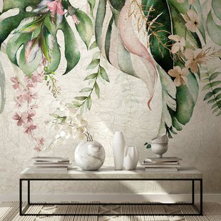 Fotobehang Tropische Bloemen En Bladeren - Groen - Licht Groen - Beige - Roze - 2,70m X 53cm