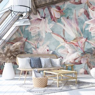 Fotobehang Abstracte Bloem - Lichtblauw - Lichtroze - Roze - Groen - 2,70m X 53cm