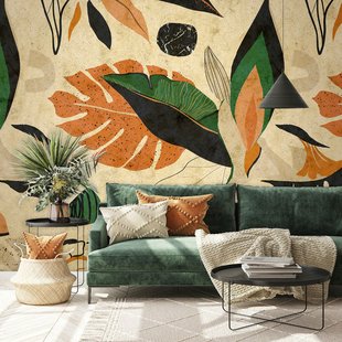 Fotobehang Bladeren Smart Art Gallery 46964 - Lichtgeel - Terra-oranje - Groen - Zwart - 2,70m X 212cm