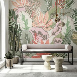 Fotobehang Grandes Feuilles - Mintgroen - Roze - Zalmkleurig - 2,70 M X 53 Cm