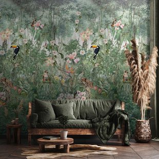 Fotobehang Jungle - Groen - Roze - Oranje - Geel - Zwart - 3,40m X 212cm