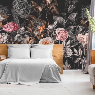 Fotobehang Grote Bloemen - Zwart - Roze - Vergrijsd Oranje - Zalm - Grijs - Taupe - 3,40m X 318cm