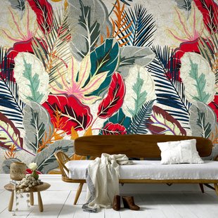 Fotobehang Grote Bladeren 47328 - Groen - Rood - Oranje - 3,40 M X 318 Cm
