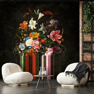 Fotobehang Bloemen Stilleven - Zwart - Rood - Oranje - Blauw - Roze - Geel - Groen - 3,40m X 318cm