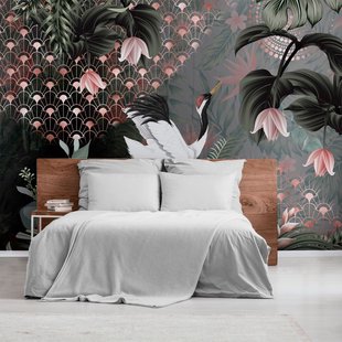 Fotobehang Kraanvogels 46998 - Groen - Vergrijsd Groen - Roze - Wit - Zwart - 2,70m X 424cm