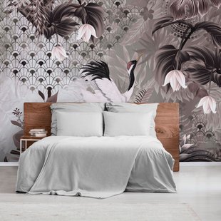 Fotobehang Kraanvogels - Taupe Grijs - Vergrijsd Roze - 2,70m X 424cm