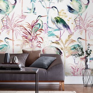 Fotobehang Reigers - Roze - Groen - Paars - Blauw - Geel - 3,40m X 265cm