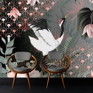 Fotobehang Kraanvogels - Groen - Vergrijsd Groen - Roze - Wit - Zwart - 3,40m X 265cm