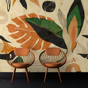 Fotobehang Bladeren Smart Art Gallery 47364 - Lichtgeel - Terra-oranje - Groen - Zwart - 3,40 M X 265 Cm