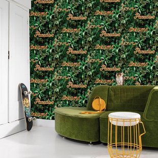 Vliesbehang Good Vibes Gv24211 - Groen - Heel Donkergroen - Feloranje - 10,05m X 53cm