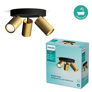 Philips Opbouwspot Badkamer Idris - Zwart, Messing - 22cm - 3xgu10