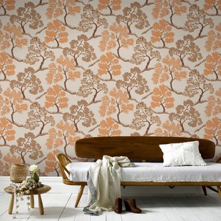 Vliesbehang Bomen - Oranje - Goud - Naturel - 10,05m X 52cm