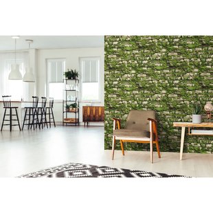 Vliesbehang Stenen Muur Mos - Groen - Mosgroen - Zandbeige - Offblack - Donkerzand - 10,05m X 53cm