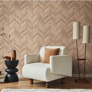 Vliesbehang Visgraatverband Bakstenen - Naturel - Zalm - Beige - Lichtbruin Met Een Zweem Oranje - 10,05m X 53cm