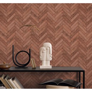 Vliesbehang Visgraatverband Bakstenen - Baksteenrood - 10,05m X 53cm