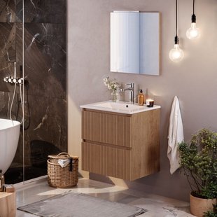 Asime Wastafelonderkast 61cm - Natuurlijk Eikenfineer Houtlook - Met 2 Lades - 61x68x47cm