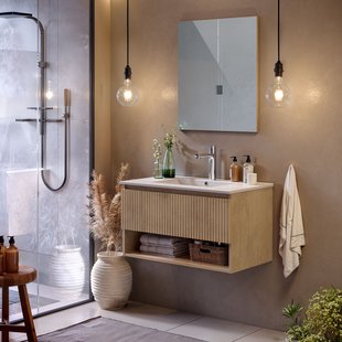 T-bath Badkamermeubelset Stries - Met Spiegel En Keramische Wastafel - Eik - Lijnen - 80cm