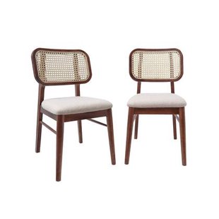 sweeek - Vintage stoel van rubberhout met vlechtwerk en boucléstof