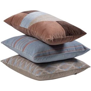 WOOOD Laon Kussens - Velvet stof - Naturel|Blauw - Set Van 3