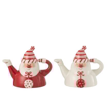 J-Line theepot Kerstman Dolomite - keramiek - wit|rood - 2 stuks