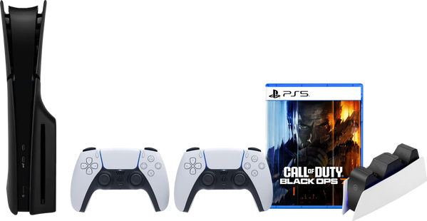 PS5 Slim Disc Edition + Black Ops 7 + Covers Zwart + Extra Controller Wit + Oplaadstation