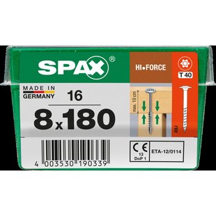 Spax Spaanplaatschroef Hi.force Wirox Verzonken Kop Torx T40 - 8x180mm - 16 Stuks Deeldraad