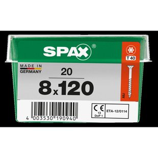 Spax Universele Schroef T-star Wirox Verzonken Kop Torx T40 - 8x120mm - 20 Stuks