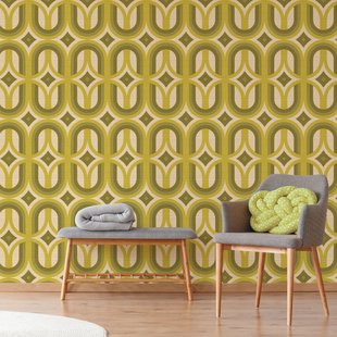 Fotobehang Seventies Grafisch - Groen - Beige - 2,70 M X 186 Cm