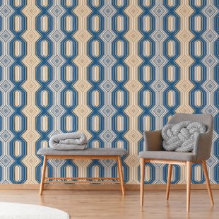 Fotobehang Seventies Grafisch - Blauw - Beige - Grijs - Wit - 2,70m X 419cm