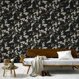 Vliesbehang Japan - Zwart - Groen - 10,05m X 52cm