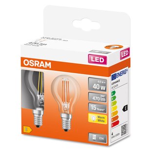 Osram Ledfilamentlamp Peertje Retrofit - D4,5cm - Warm Wit - E14 - 4w - 2 Stuks