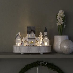 Konstsmide kerstverlichting - houten huis en kerk op batterijen - met muziek - 22 x 12 x 15,5 cm - wit
